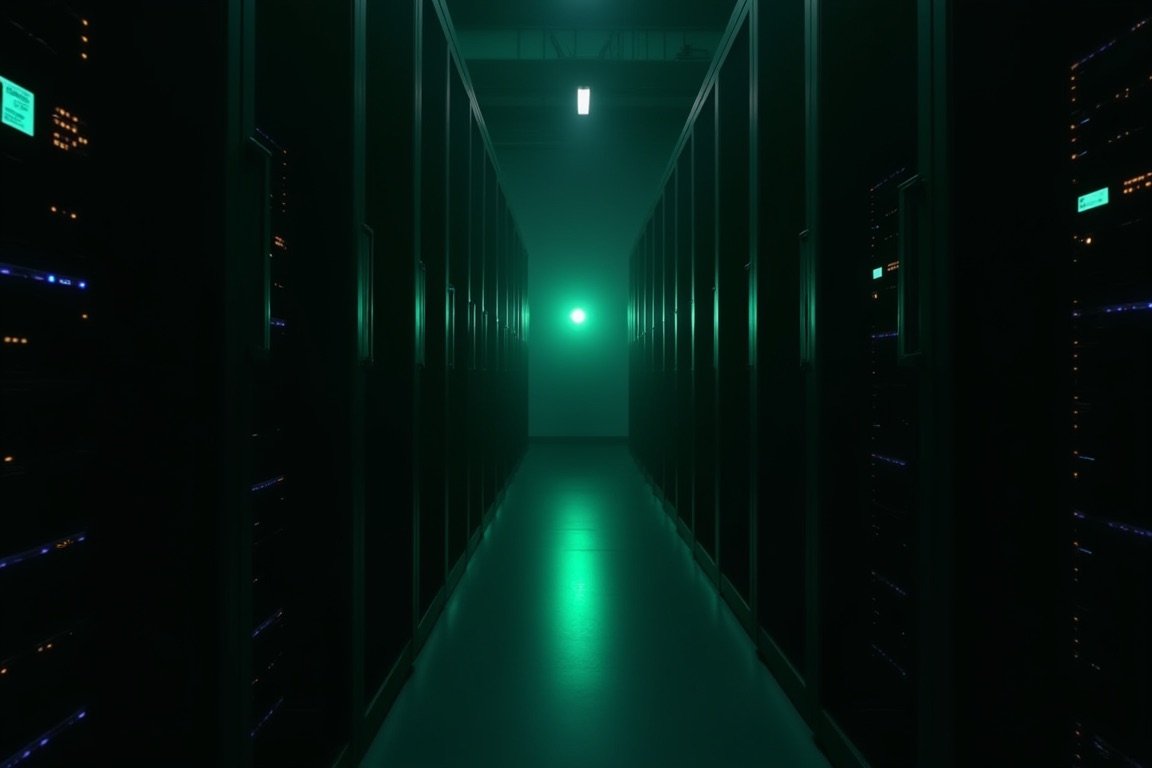 A dark server corridor with rows of small teal status lights and one steady green light